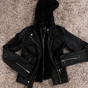 GUESS Women's Black Leather hooded Jacket not real leather
